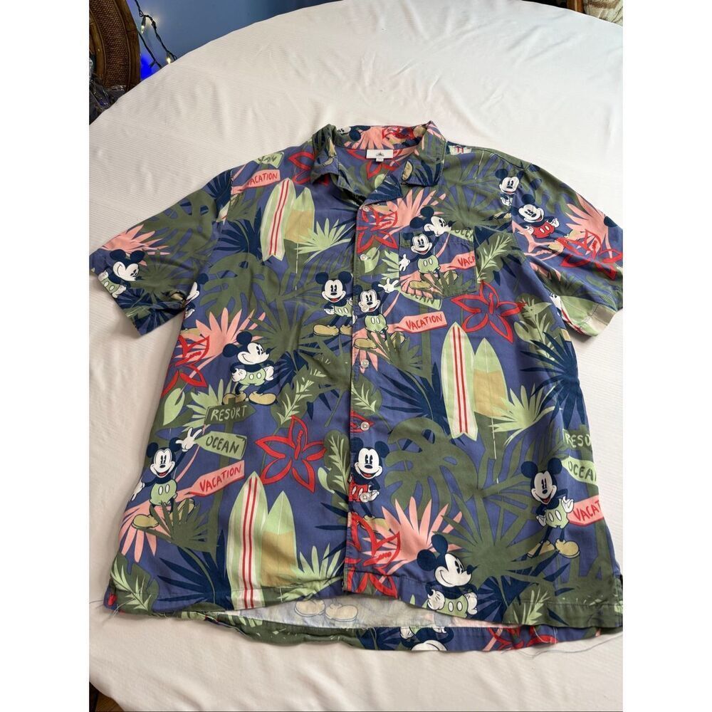Disney Vacation Resort Floral Mickey Print Hawaiian Camp Shirt Size Large